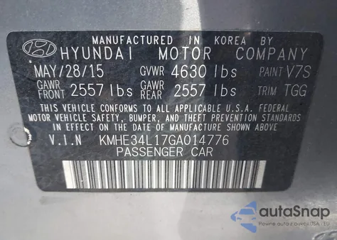 2016 Hyundai Sonata Hybrid Limited z USA, uszkodzony, nr VIN KMHE34L17GA014776